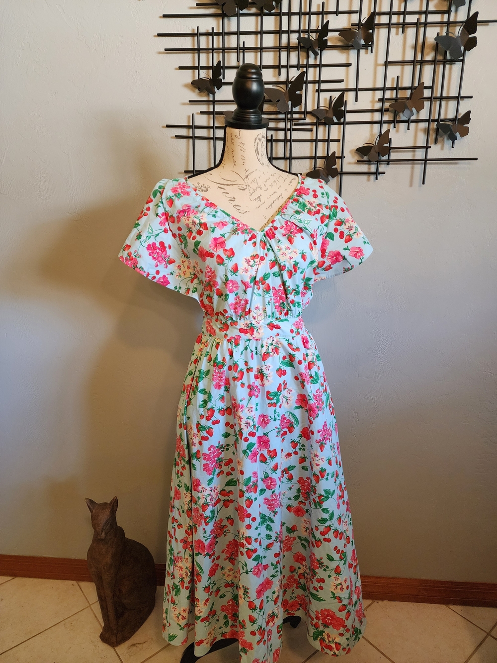 Ann Taylor Blue Floral Midi Dress with Cherries And Strawberries